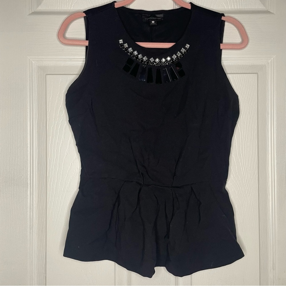 ⭐️(M) Worthington| black Fit and flare top with jewel decals along neckline